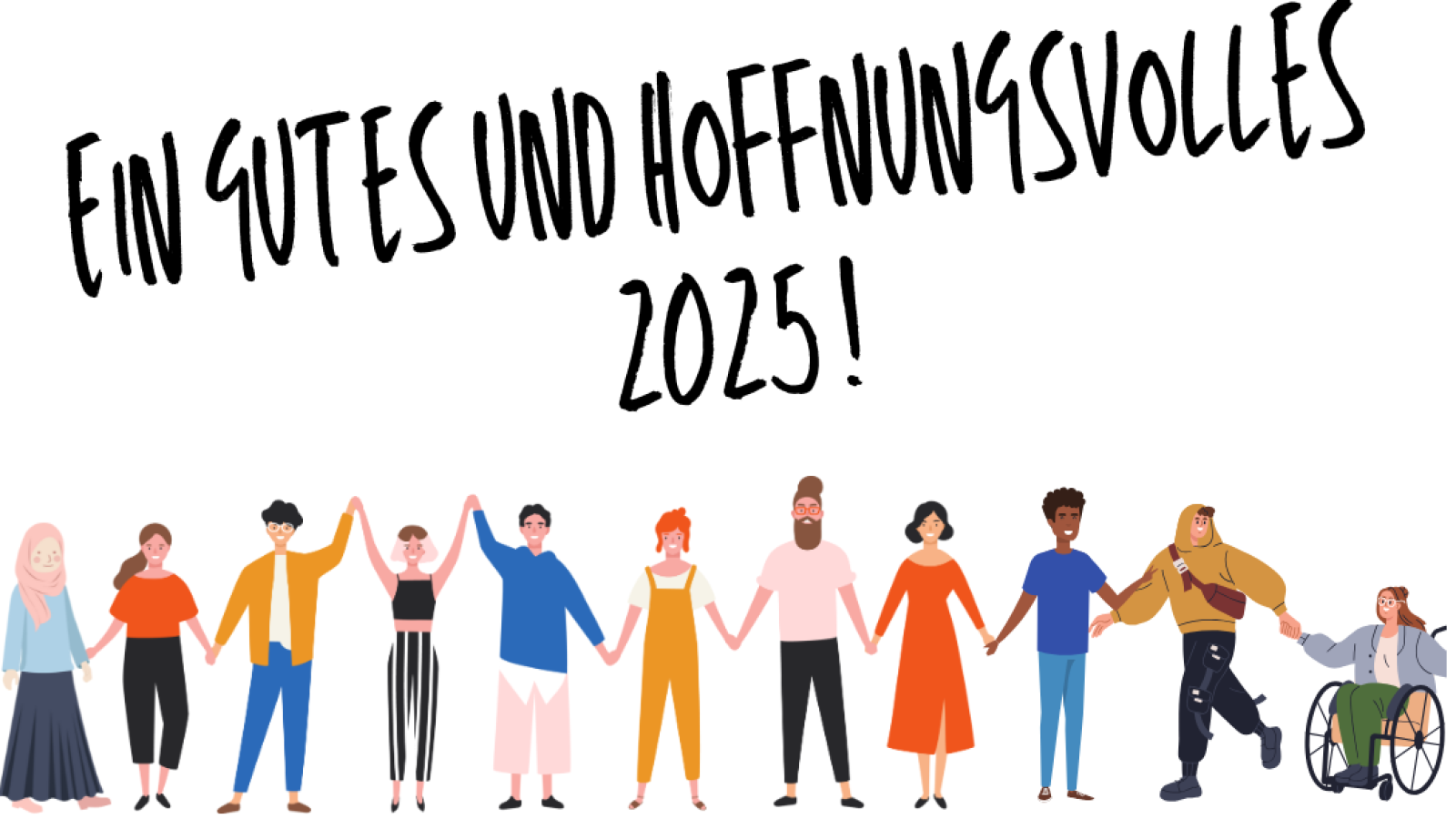 Ein dekoratives Bild mit Neujahrwünschen. Eine Gemeinschaft von unterschiedlichen Menschen, die einander an den Händen halten.
