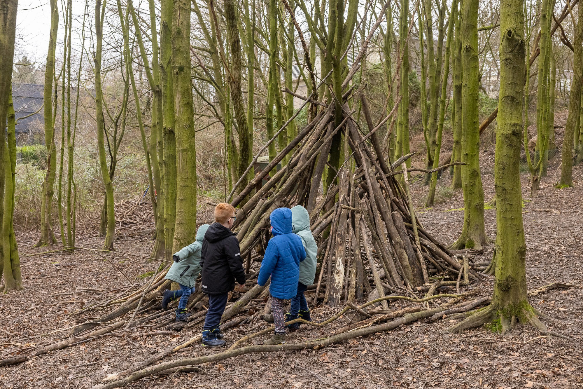 Kinder beim Tippibau im Wald